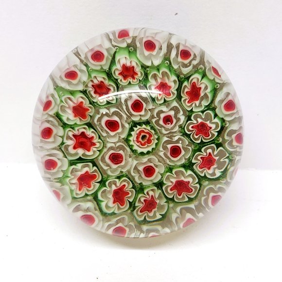 Millefiori Paperweight Glass White Red Green Flowers Handmade - Picture 2 of 5